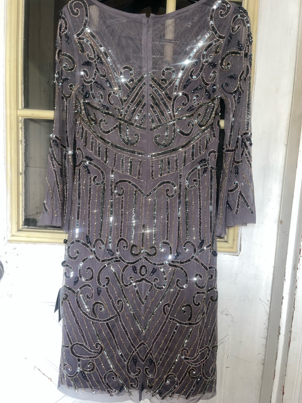 NWT Adrianna Papell Silver-Beaded Gray Long Sleeve Cocktail Dress retail $249.00 - Picture 2 of 3